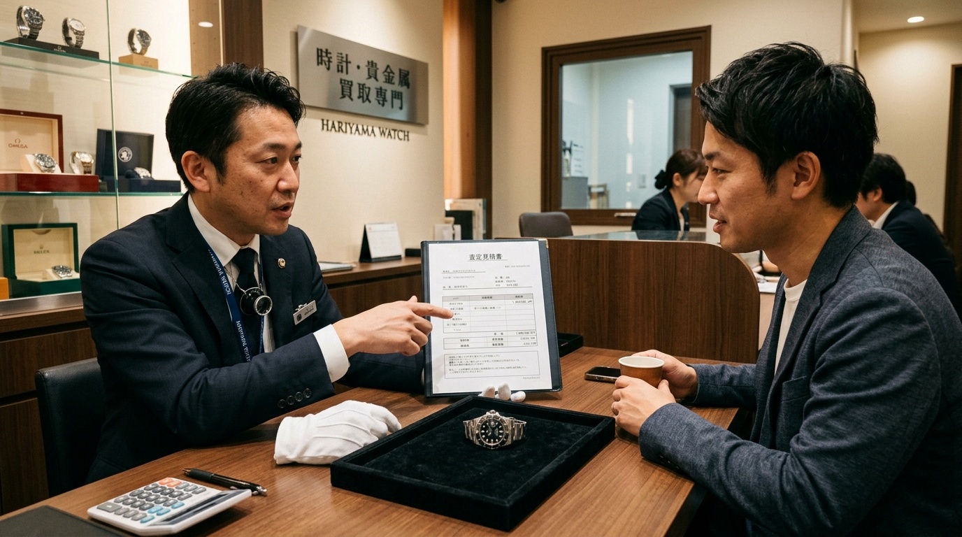 大黒屋調の査定カウンターで時計やルーペを使って専門査定士が鑑定する様子