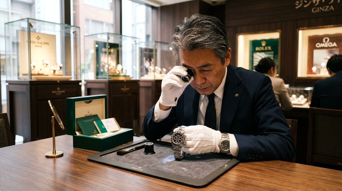 コメ兵の百貨店調の洗練されたカウンターで高級時計と保証書を確認している様子