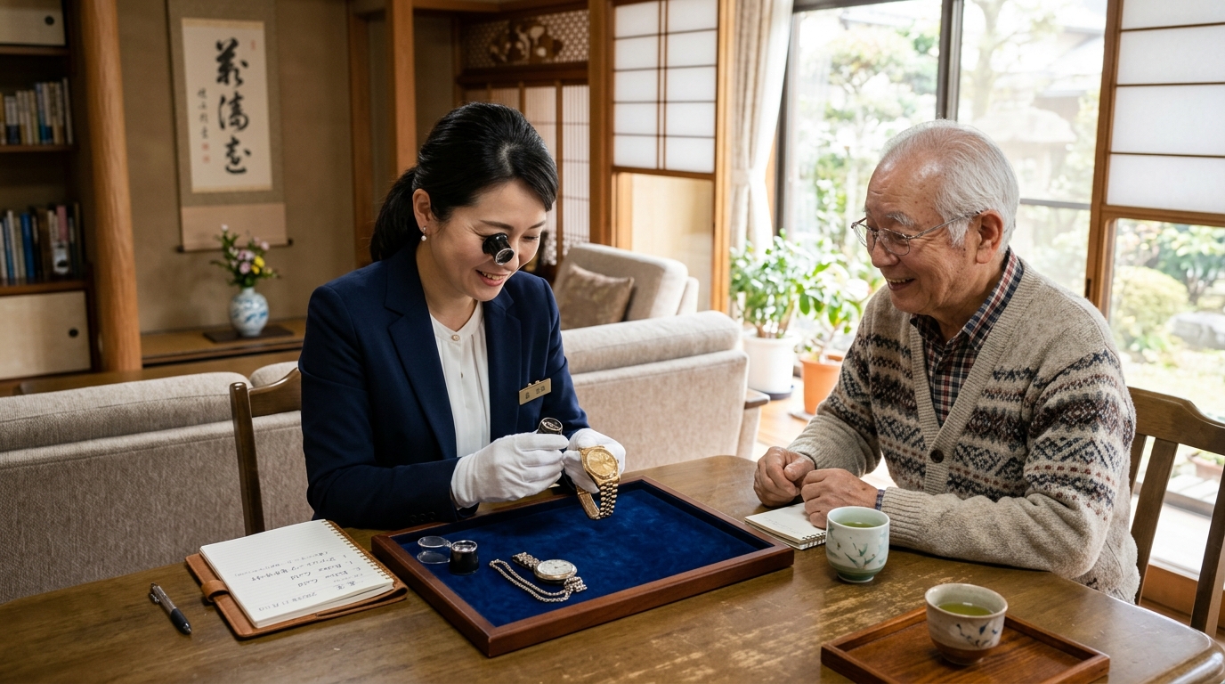 ザ・ゴールドの女性査定員が自宅リビングで丁寧に時計を拝見している様子