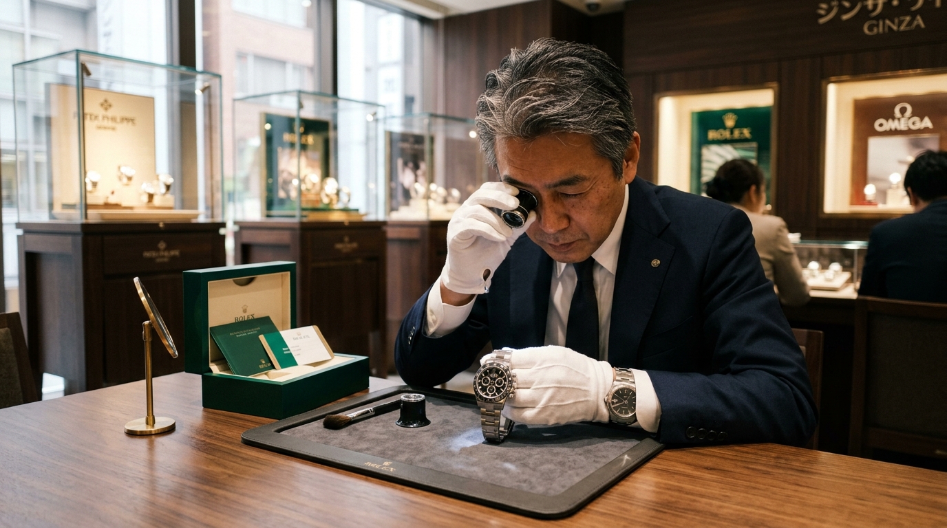ウォッチニアンの銀座・中野サロンデスクで高級時計を専門鑑定士が査定する様子